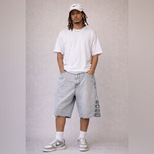 Vintage BOSS Y2K Baggy Denim Jorts‎ Faded Thrashed Logo Waist 40